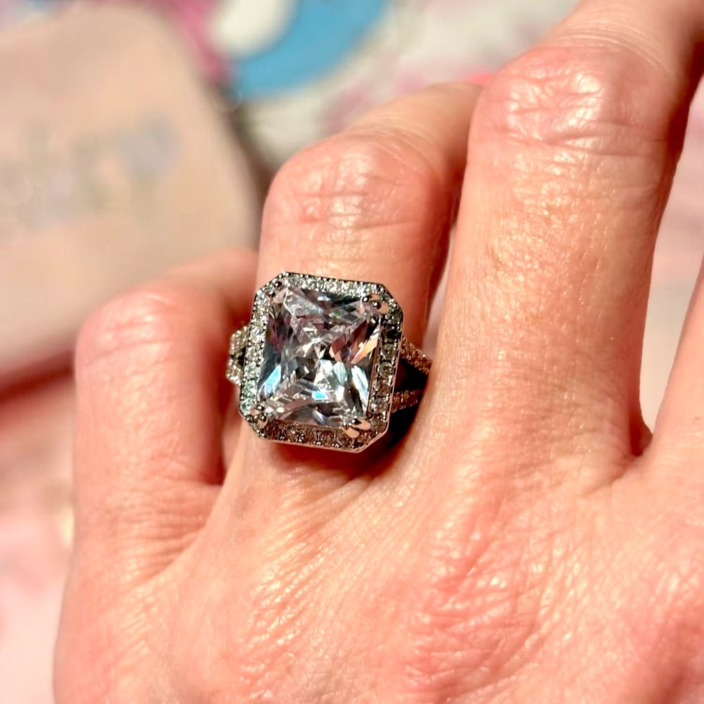 925 Sterling Silver HUGE 6.79ct Radiant Cut Zircon Diamond Center Halo Ring